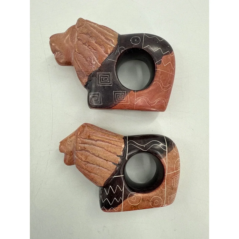 Hand Carved Soap Stone‎ Animal Napkin Rings Set of 8 Kenya Lion Elephant Rhino